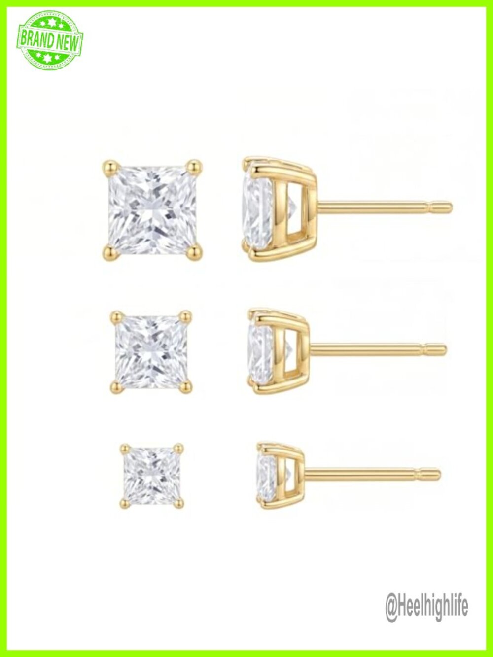14K Gold Plated Sterling Silver Princess-Cut CZ Stud Earring Set 3 Sizes